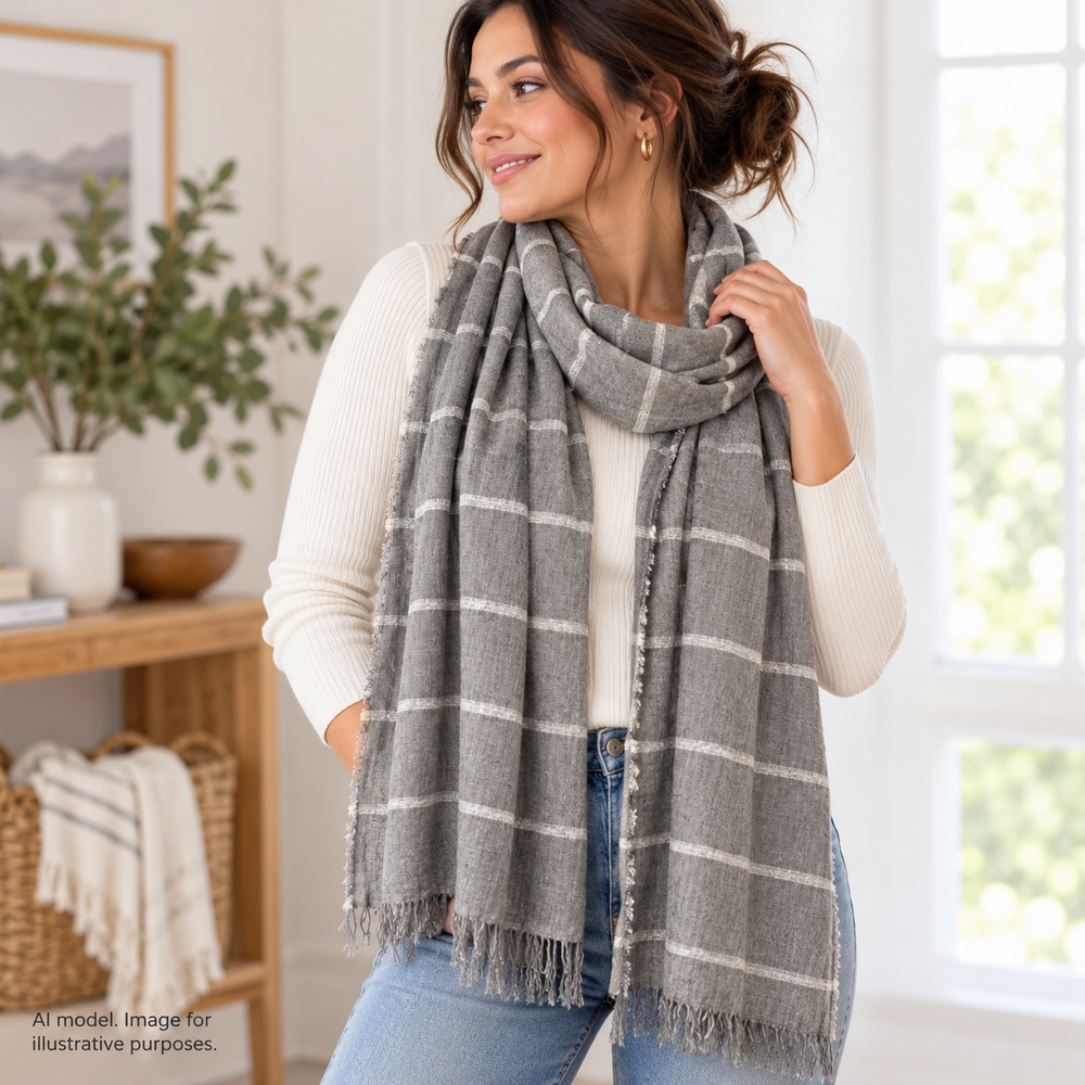 The White Company Scarf Wrap Womens One Size Gray Plaid Fringe Wool Blend Italy